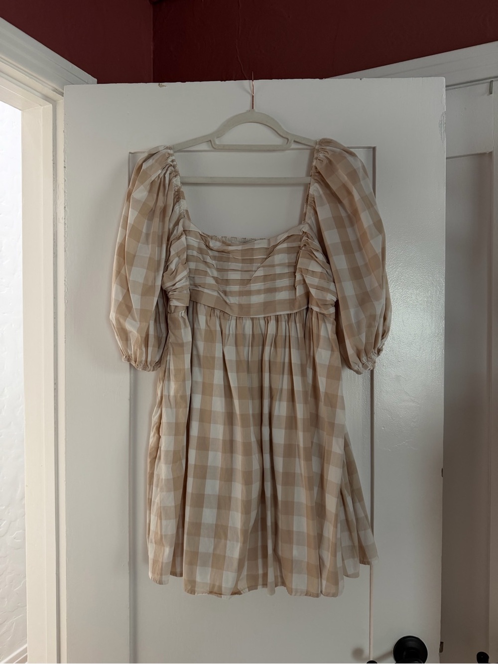 Abercrombie & Fitch Beige and Cream Gingham Puff-Sleeve Mini Dress